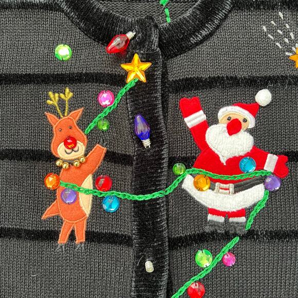 Jack B Quick Ugly Christmas Sweater Cardigan Reindeer Santa Medium Grandmacore - Picture 4 of 7
